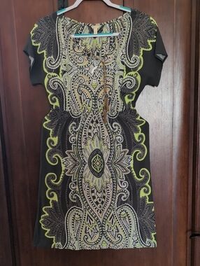 Black Paisley-Print Mini Dress with Lime Accents